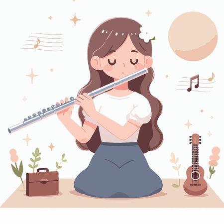 A girl is playing a flute in a garden. There is a guitar and a briefcase in the backgroundのイラスト素材