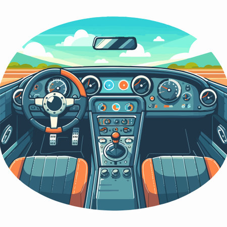A cartoon drawing of a car with a steering wheel and a dashboard. The car is on a road with a blue sky in the backgroundのイラスト素材