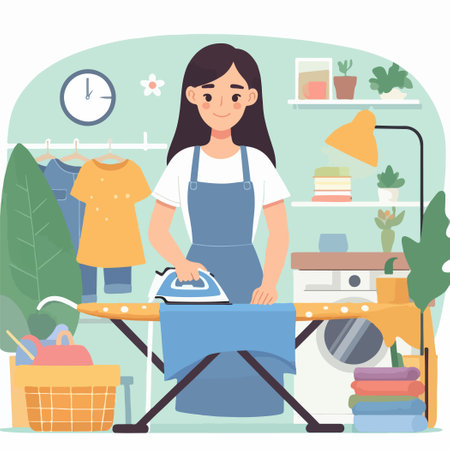 A woman is ironing a shirt in a room with a clock on the wall. The room is filled with clothes and other items, such as a basket, a potted plant, and a bookのイラスト素材