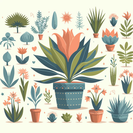 A colorful drawing of various plants and flowers in pots. The drawing conveys a sense of warmth and life, with the plants and flowers arranged in a way that suggests a garden or a natural settingのイラスト素材