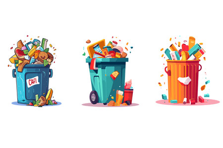 Three trash cans are shown, one of which is labeled "Caf." The other two are filled with garbageのイラスト素材