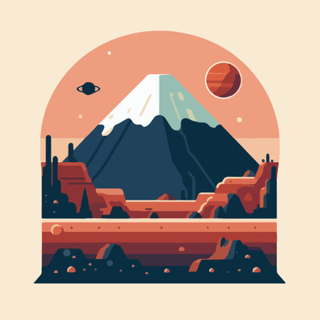 A mountain with a snow covered peak and a planet in the background. The mountain is surrounded by a desert and a rocky landscapeのイラスト素材