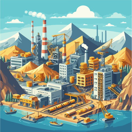 A city with a lot of factories and mountains in the background. Scene is industrial and ruggedのイラスト素材
