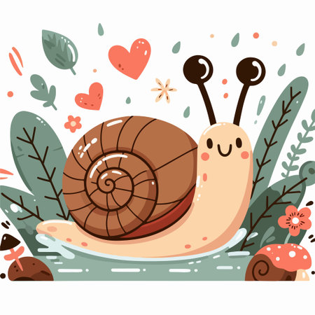 A cartoon snail is sitting on a leafy green plant. The snail is smiling and surrounded by flowers and leavesのイラスト素材