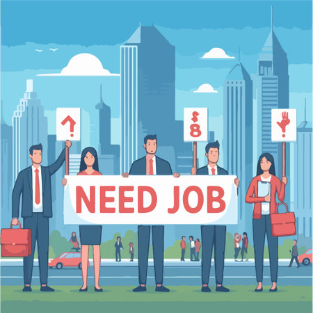 A group of people holding up a sign that says "Need Job". The image has a serious and determined mood, as the people are standing together and holding up the sign to express their need for employmentのイラスト素材