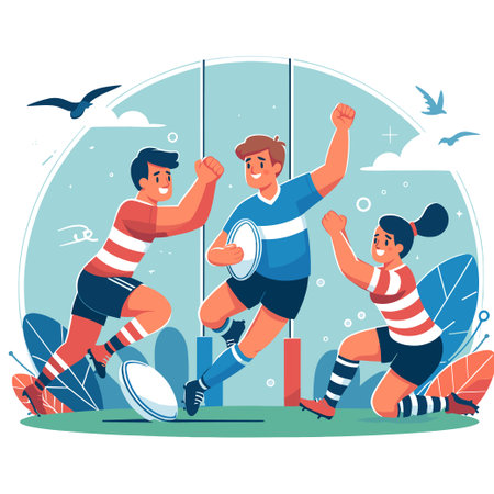 Three people playing rugby, one of them is holding a rugby ball. Scene is energetic and competitiveのイラスト素材