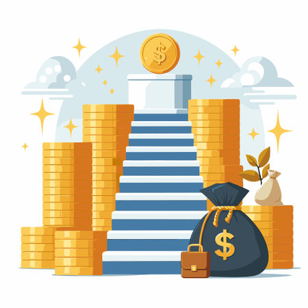 A stack of gold coins and a bag of money sit on a staircase. Concept of wealth and successのイラスト素材
