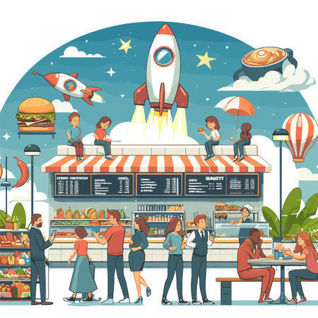 A group of people are gathered around a food stand with a rocket in the background. The scene is lively and bustling with activityのイラスト素材