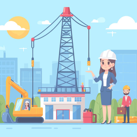 A woman is standing in front of a building with a crane and a man in a red jacketのイラスト素材