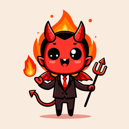 A cartoonish devil with a red suit and a red tie holding a red staff. The devil is smiling and he is happyのイラスト素材