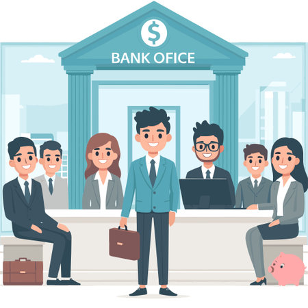 A group of people are standing in front of a bank office. They are smiling and appear to be happyのイラスト素材
