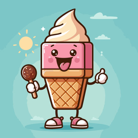 A cartoon character holding a chocolate stick and a pink ice cream coneのイラスト素材