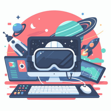 A computer monitor with a virtual reality headset on it. The monitor is surrounded by a variety of other devices, including a keyboard, mouse, and a tablet. Concept of technology and innovationのイラスト素材