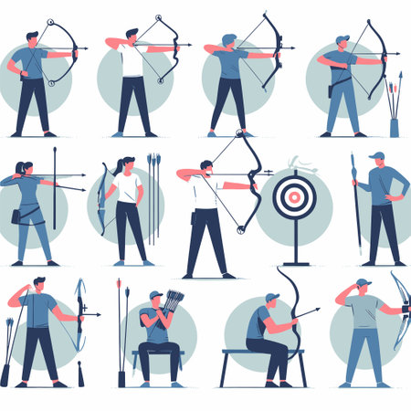 A group of people are depicted in various poses, all holding bows and arrows. Concept of camaraderie and shared interest in archeryのイラスト素材