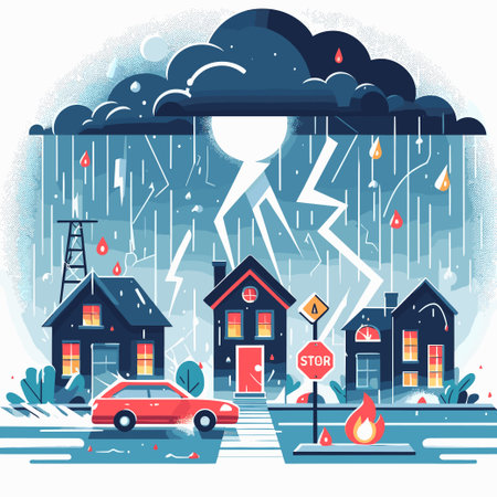 A cartoon drawing of a stormy night with a red car driving down a street. The houses are small and there is a stop sign in the middle of the scene. Scene is tense and dramaticのイラスト素材