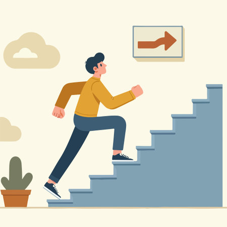 A man is running up a set of stairs. The stairs are blue and the man is wearing a yellow shirtのイラスト素材