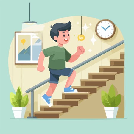 A boy is running up the stairs in a house. The clock on the wall shows that it is almost time for dinnerのイラスト素材