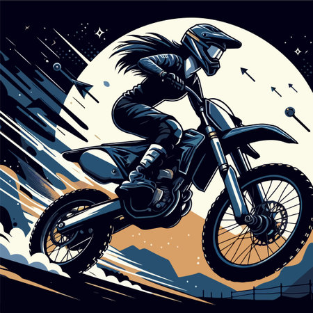 A woman is riding a dirt bike in the air. The image is a drawing of a woman on a dirt bike, with a helmet on her headのイラスト素材