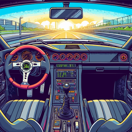 A car is shown with a sun in the backgroundのイラスト素材