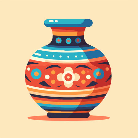 A colorful vase with a flower design on it. The vase is sitting on a tableのイラスト素材