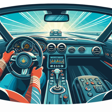 A man is driving a car with a steering wheel and a gear shift. The car is going fast and the man is in controlのイラスト素材