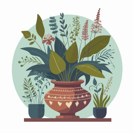 A vase with a green plant in it sits on a shelf. The vase is brown and has a heart design on it. There are other plants in the room, including a potted plant on the floorのイラスト素材