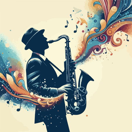 A man playing a saxophone with a hat on. The saxophone is blowing out colorful notesのイラスト素材