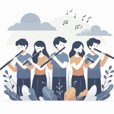A group of people playing instruments, including flutes, in a forest setting. Scene is peaceful and harmoniousのイラスト素材