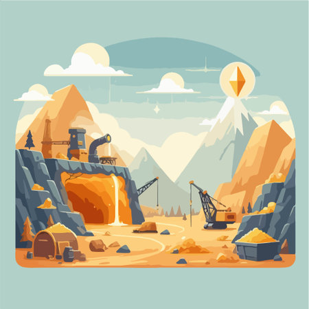 A cartoonish drawing of a mountain range with a large gold mine in the middle. The sky is blue and the sun is shiningのイラスト素材