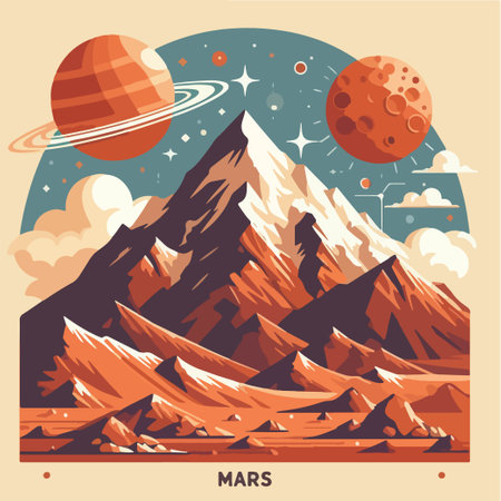A painting of Mars with a mountain in the background. The mountain is covered in snow and the sky is blueのイラスト素材