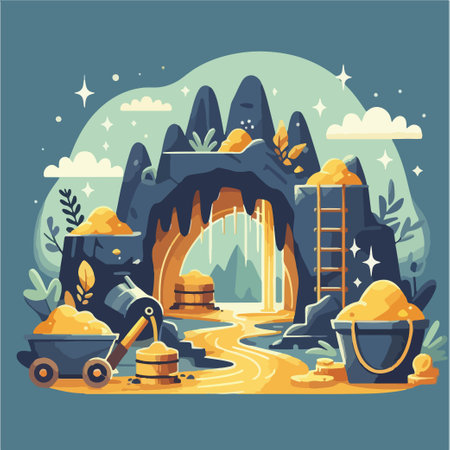 A cartoonish drawing of a cave with a ladder leading down into it. The cave is surrounded by mountains and there are several buckets scattered around the scene. Scene is adventurous and excitingのイラスト素材