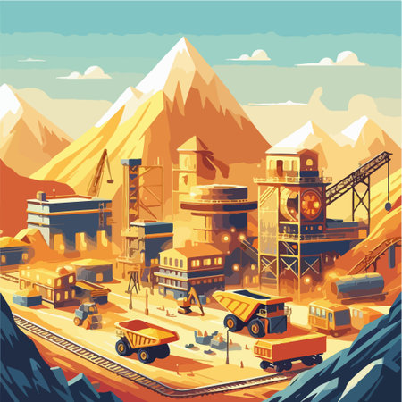A painting of a city with mountains in the background. The city is full of construction equipment and buildingsのイラスト素材