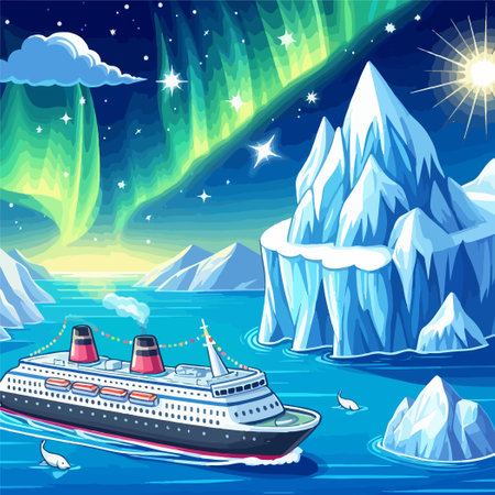 A cruise ship is sailing through the ocean near a mountain range and a large iceberg. The scene is serene and peaceful, with the ship's lights reflecting off the water and the surrounding landscapeのイラスト素材