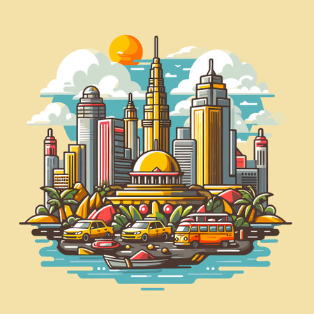 A cityscape with a yellow dome on top of a building. There are cars, a bus, and a boat in the foregroundのイラスト素材