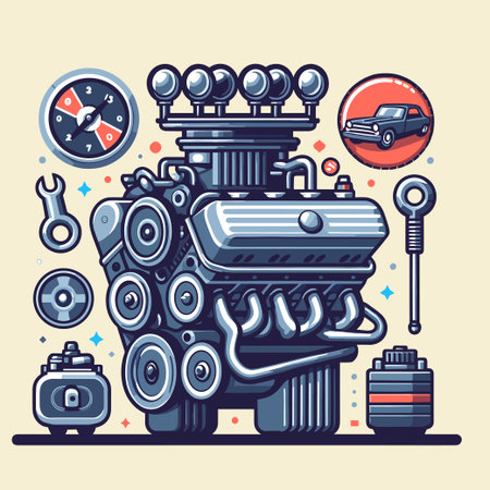 A cartoon drawing of a car engine with a car on the right side. The engine is surrounded by various...