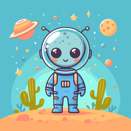 A cartoon alien astronaut is standing on a rocky desert planet. The scene is colorful and playful, with a bright blue suit and a smiling face. The alien is surrounded by a variety of planets and starsのイラスト素材