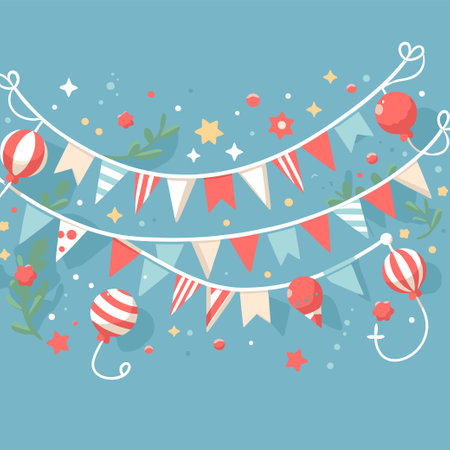 A blue background with red, white and blue streamers and balloons. The balloons are in various sizes and colors, and the streamers are in different colors and patternsのイラスト素材