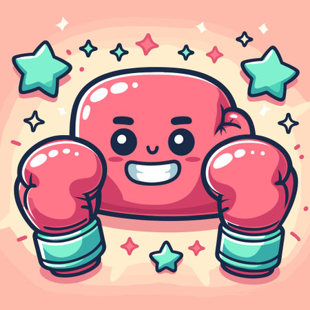 A cartoon boxing glove with a cartoon boxer inside it. There are stars surrounding the glove and boxerのイラスト素材