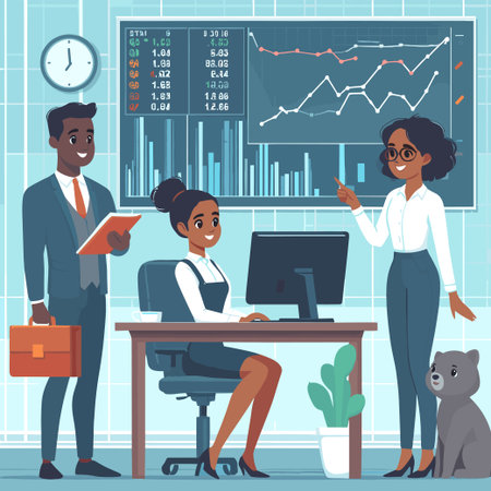 A group of people are in a room with a clock on the wall. A woman is pointing at a graph on a wallのイラスト素材