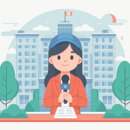 A woman wearing a microphone is standing in front of a building. She is smiling and she is a reporterのイラスト素材