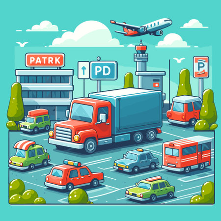 A cartoon drawing of a busy parking lot with a red truck and a green car. The truck is parked in a parking spot with a sign that says "Patrk."のイラスト素材