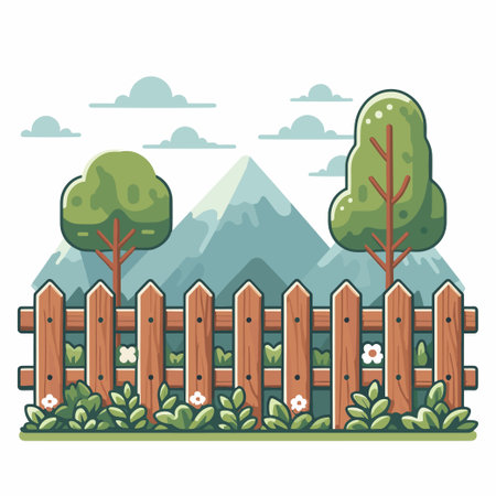 A wooden fence with a green tree in front of it. The fence is surrounded by a lush green field with flowers and grass. The sky is cloudy and the mountains in the background are covered in snowのイラスト素材