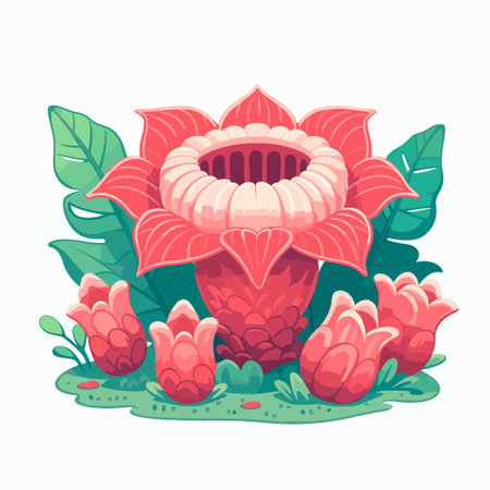 A flower with a pink center and green leaves. The flower is surrounded by other flowers, and the entire scene is filled with bright colors. Scene is cheerful and livelyのイラスト素材