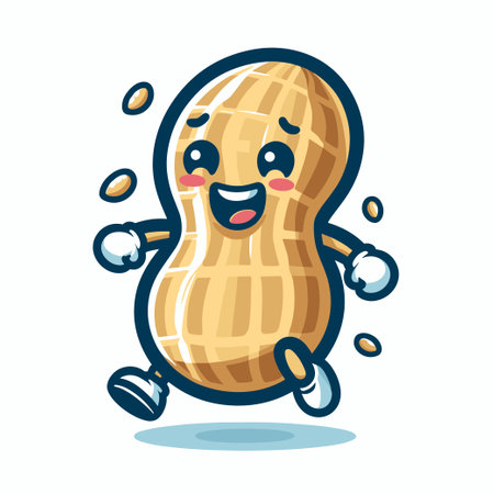 A cartoon peanut is running and smiling. The peanut is wearing white gloves and has a happy expressionのイラスト素材