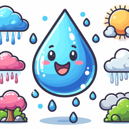 A cartoon drawing of a water drop with a smiling face. The water drop is surrounded by clouds and treesのイラスト素材