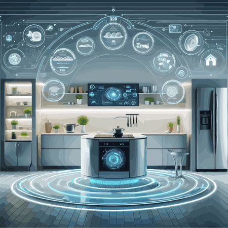 A kitchen with a futuristic design and a large screen on the wall. The screen shows a variety of appliances and gadgets, including a refrigerator, oven, and microwaveのイラスト素材