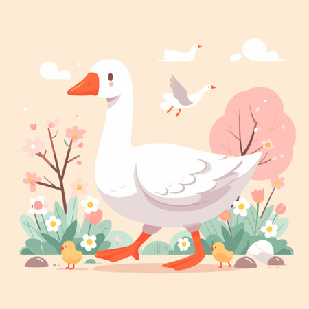 A cartoon duck is walking with two baby ducks in a field. The scene is bright and cheerful, with a lot of flowers and trees in the backgroundのイラスト素材