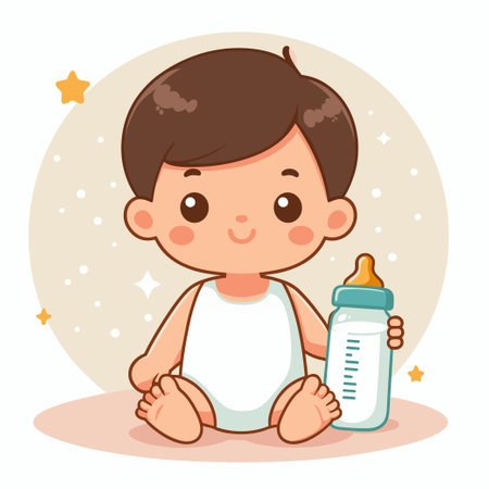 A cartoon baby holding a bottle. The baby is sitting on the groundのイラスト素材