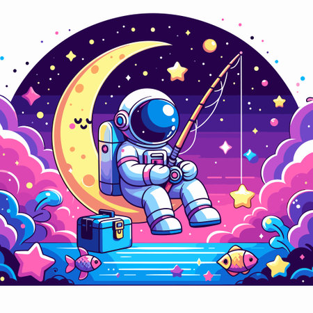 A cartoon of a man in a spacesuit sitting on a crescent moon. He is holding a fishing rod and has a fish on it. The image has a whimsical and playful moodのイラスト素材
