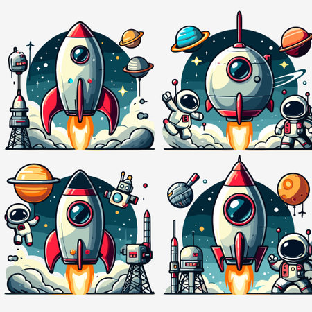 Four different space rockets with astronauts on them. The rockets are in different positions and sizes, and the astronauts are in various poses. Scene is one of excitement and adventureのイラスト素材